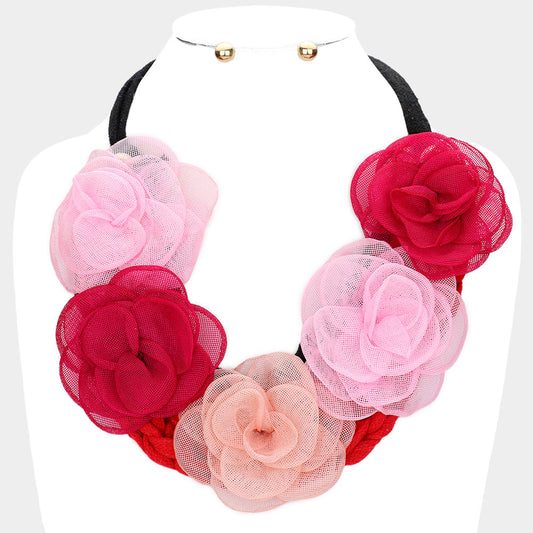 Fabric Flower Accented Statement Necklace