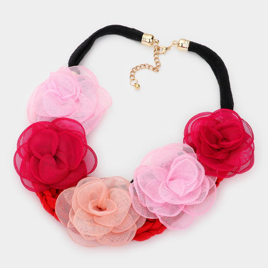 Fabric Flower Accented Statement Necklace