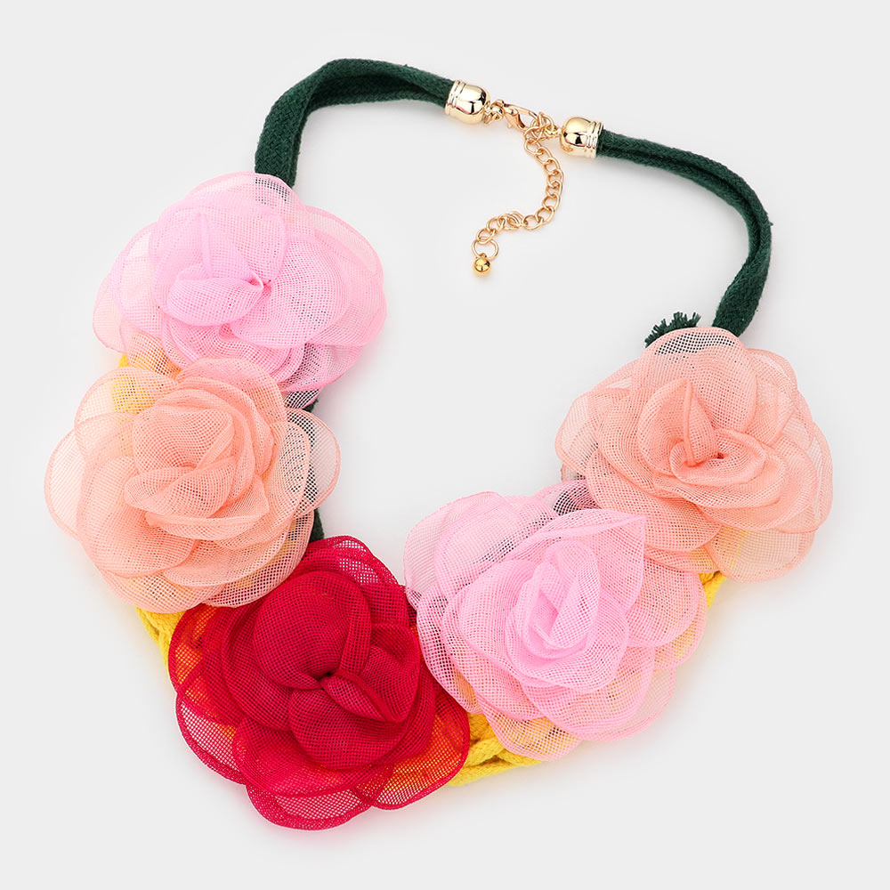 Fabric Flower Accented Statement Necklace