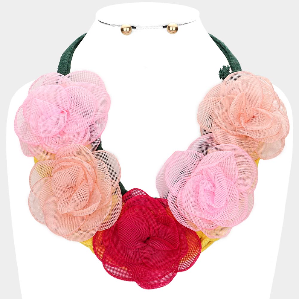 Fabric Flower Accented Statement Necklace