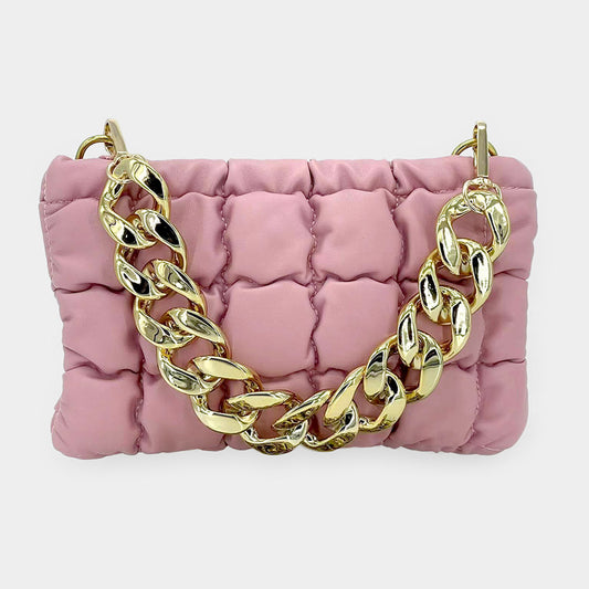 Faux Leather Padded Shoulder/crossbody Bag With Chain Strap